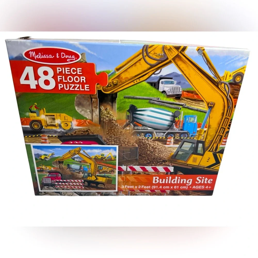 This 48 Piece Construction Site Floor Puzzle is for Ages 4+ by Melissa & Doug.